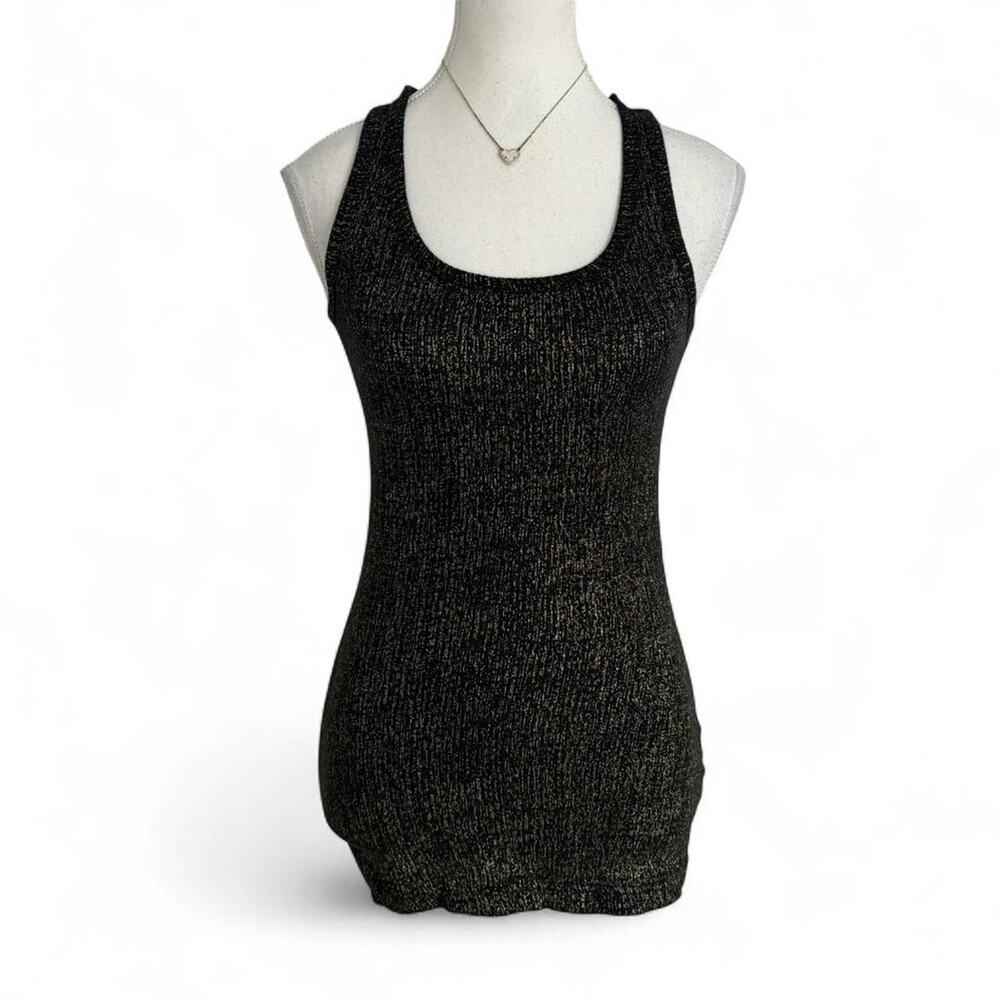 Y2K Black + Gold Shimmer Metallic Full Length Super Fitted Tank Top Size Large